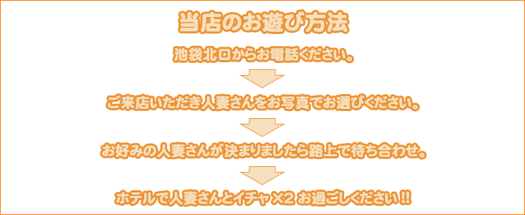 当店のお遊び方法→池袋北口からお電話下さい。→ご来店いただき人妻さんをお写真でお選び下さい。→お好みの人妻さんが決まりましたら路上で待ち合わせ。→ホテルで人妻さんとイチャ×2お過ごし下さい。